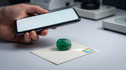 IGSL sertifika doğrulaması: telefon, doğal taş ve holografik güvenlik etiketi