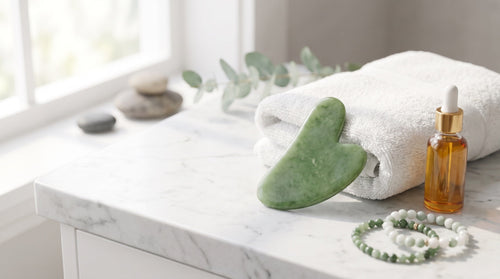 Yeşim gua sha aleti, havlu ve yüz yağı