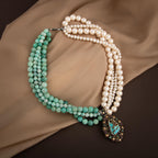 İnci-Amazonit Doğal Taş El İşlemesi Koleksiyon Turkuaz Kolye - 45cm