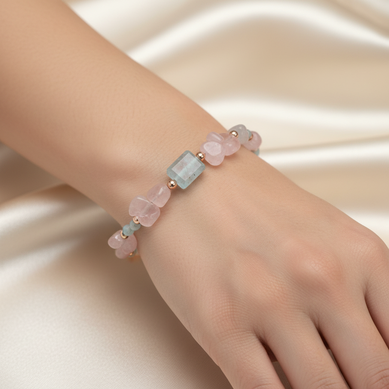 Pembe Kuvars & Akuamarin Doğal Taş Bileklik – Özel Tasarım - Görsel 1 - Safnaturel