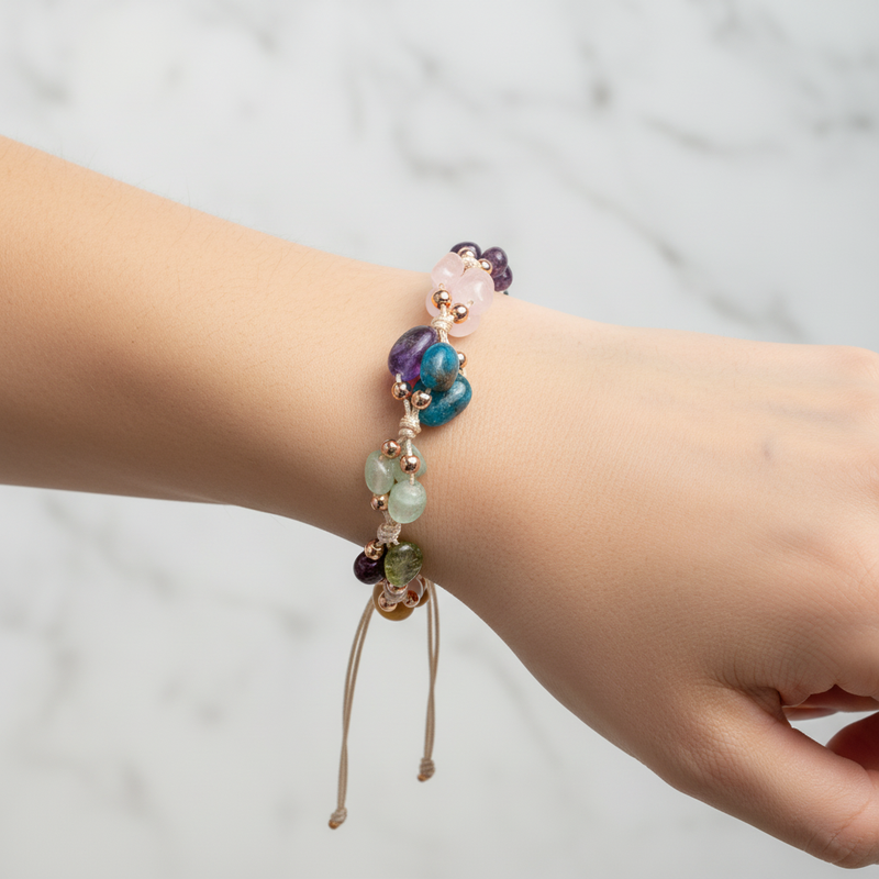Başak Burcu Doğal Taş Makrome Bileklik – Ametist, Bordo Granat Lal, Jasper, Mavi Apatit, Pembe Kuvars, Yeşil Aventurin, Zebercet (Peridot) – Özel Tasarım - Görsel 2 - Safnaturel