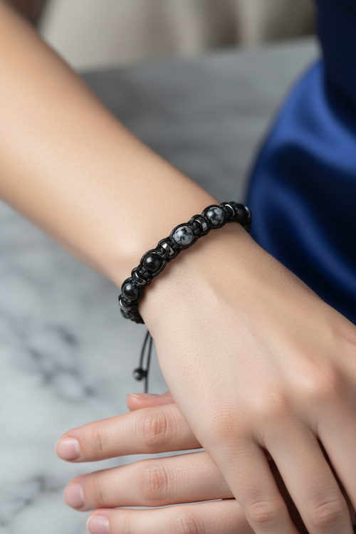 Karlı Obsidyen ve Hematit Doğal Taş Bileklik – İpli, 6 mm Unisex Tasarım