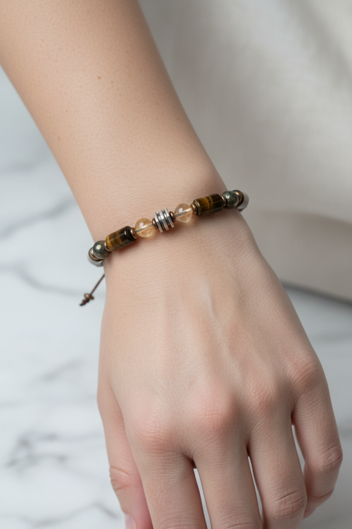 Kaplan Gözü - 6mm Sitrin - Pirit - Hematit Doğal Taş İpli Ayarlanabilir Bileklik