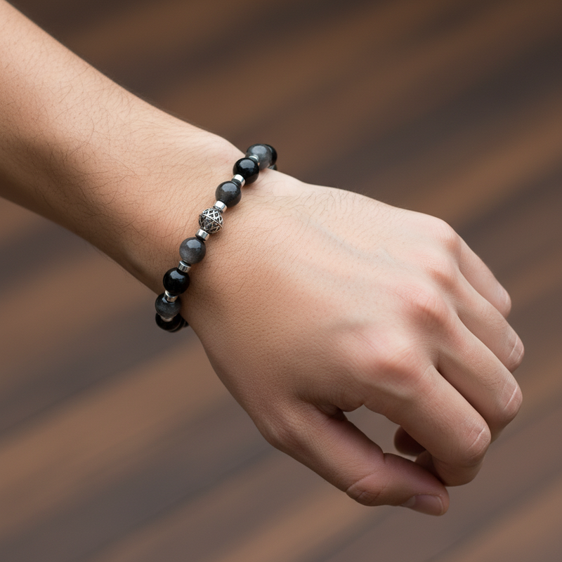 Silver Obsidyen ve Hematit Doğal Taş Bileklik – Gümüş Aparatlı Şık Tasarım - Görsel 1 - Safnaturel