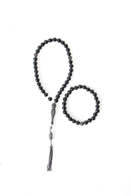 Sertifikalı Hematit Doğaltaş 925 Ayar Gümüş 8 mm İmameli Tesbih & Bileklik Seti