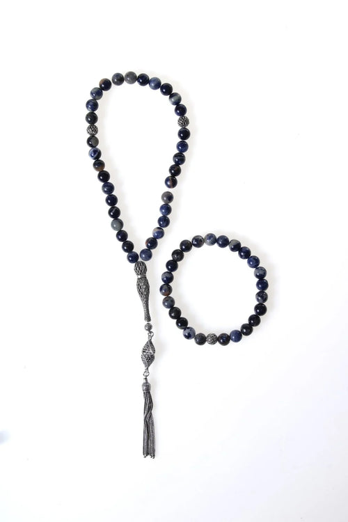 Sertifikalı Sodalit Doğaltaş 925 Ayar Gümüş 8 mm İmameli Tesbih & Bileklik Seti