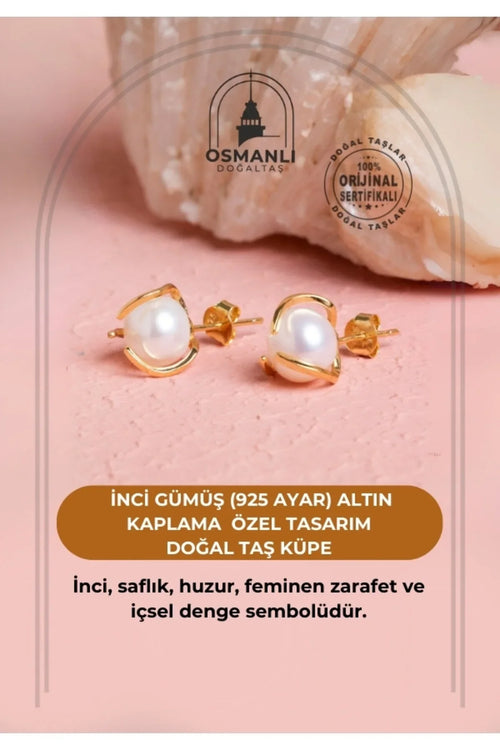 İnci Altın Kaplama Doğal Taş Küpe