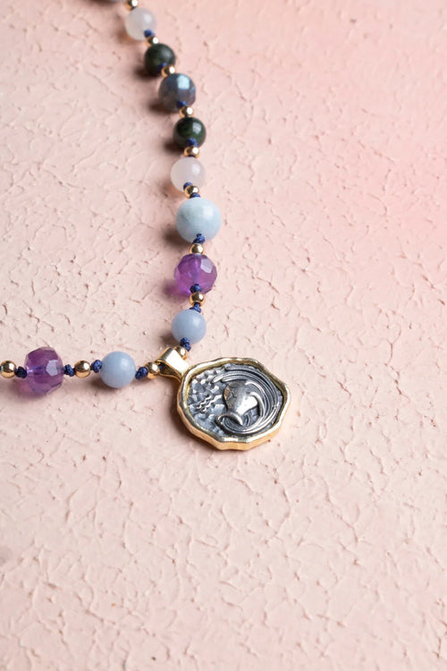 Sertifikalı Kova Burcu Doğal Taş Makrome Kolye