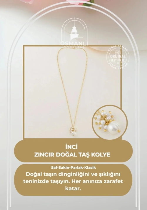 İnci Altın Kaplama Zincir Doğal Taş Kolye