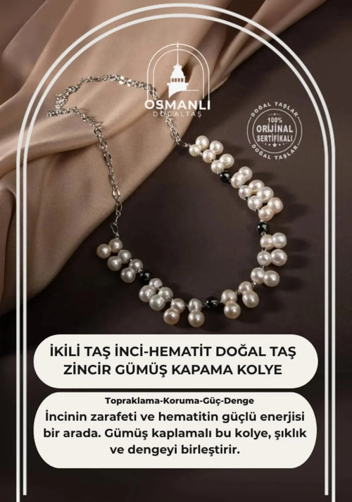 İkili Taş İnci-Hematit Doğal Taş Zincir Gümüş Kapama Kolye