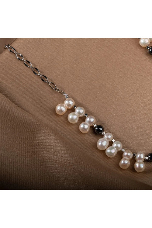 İkili Taş İnci-Hematit Doğal Taş Zincir Gümüş Kapama Kolye