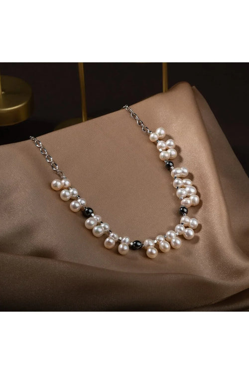 İkili Taş İnci-Hematit Doğal Taş Zincir Gümüş Kapama Kolye