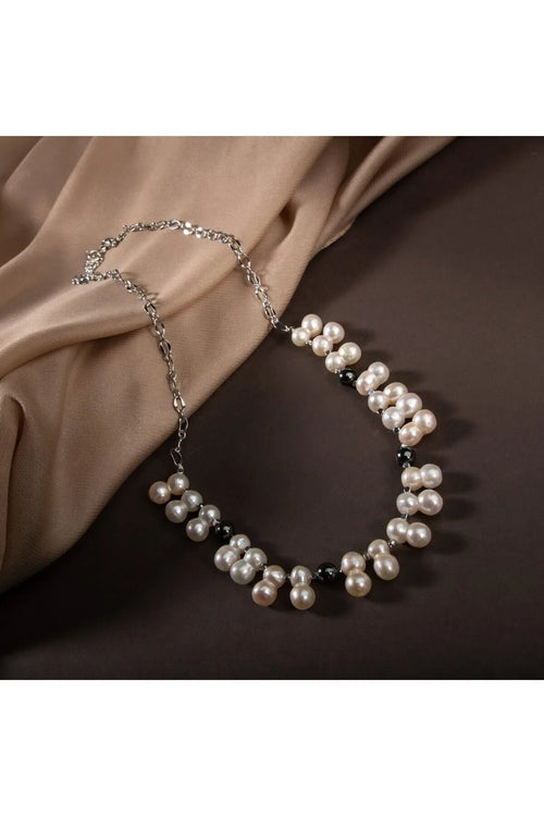 İkili Taş İnci-Hematit Doğal Taş Zincir Gümüş Kapama Kolye