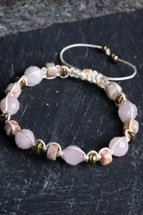 Sertifikalı Pembe Kuvars – Jasper – Hematit Doğaltaş Makrome Bileklik