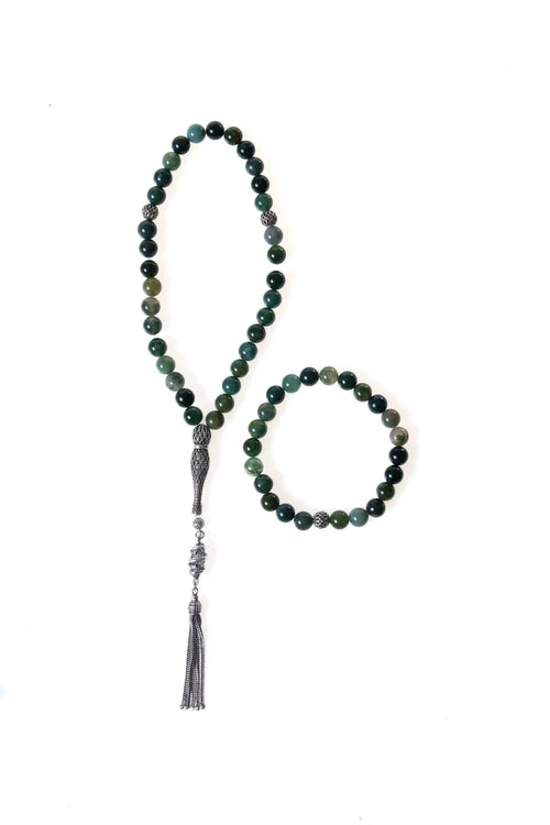 Sertifikalı Akik Doğaltaş 925 Ayar Gümüş 8 mm İmameli Tesbih & Bileklik Seti