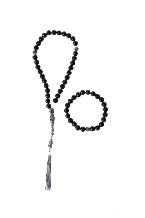 Sertifikalı Shungite 925 Ayar Gümüş 8 mm İmameli Tesbih & Bileklik Seti