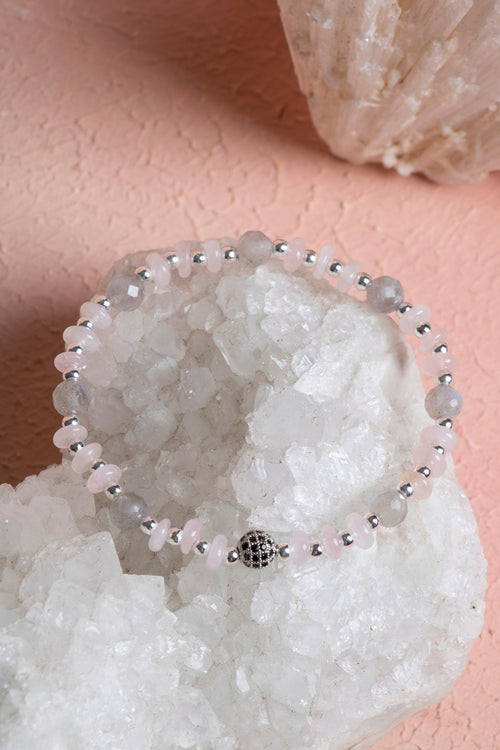 Sertifikalı Pembe Kuvars – Labradorit Zirkon Aparatlı Doğaltaş Bileklik