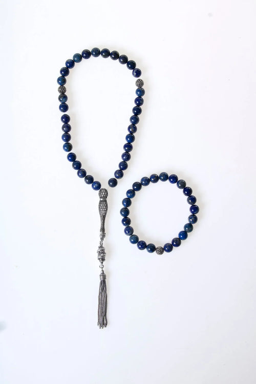 Sertifikalı Lapis Lazuli Doğaltaş 925 Ayar Gümüş 8 mm İmameli Tesbih & Bileklik Seti