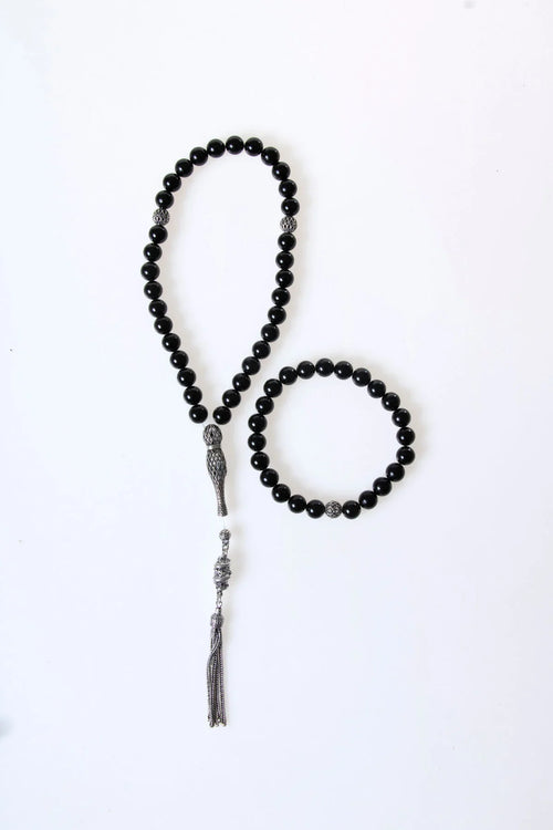 Sertifikalı Turmalin Doğaltaş 925 Ayar Gümüş 8 mm İmameli Tesbih & Bileklik Seti