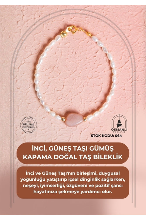 Sertifikalı İnci – Güneş Taşı Gümüş Kapama Doğaltaş Bileklik - Görsel 2 - Safnaturel