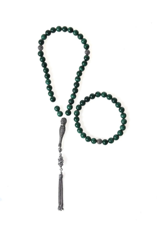 Sertifikalı Malahit Doğaltaş 925 Ayar Gümüş 8 mm İmameli Tesbih & Bileklik Seti