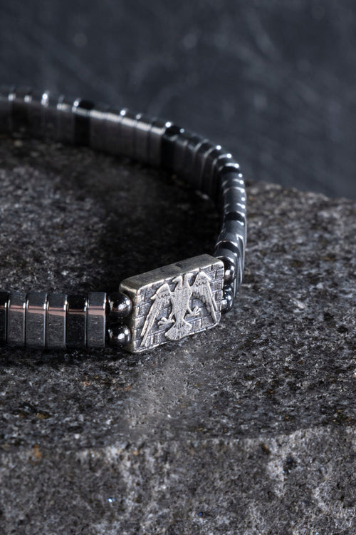 Sertifikalı Çift Başlı Selçuklu Kartal Gümüş Aparatlı Hematit Doğal Taş Makrome Bileklik