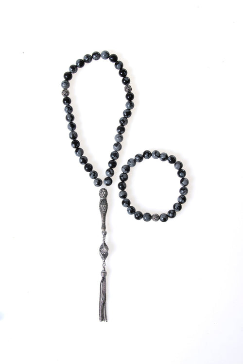 Sertifikalı Karlı Obsidyen Doğaltaş 925 Ayar Gümüş 8 mm İmameli Tesbih & Bileklik Seti