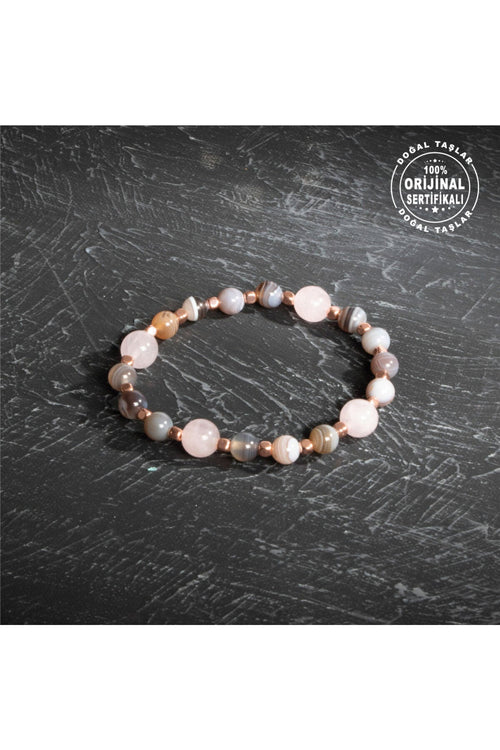 Sertifikalı Osmanlı Bostwana Akik ve Pembe Kuvars Bileklik – Enerji ve Stil