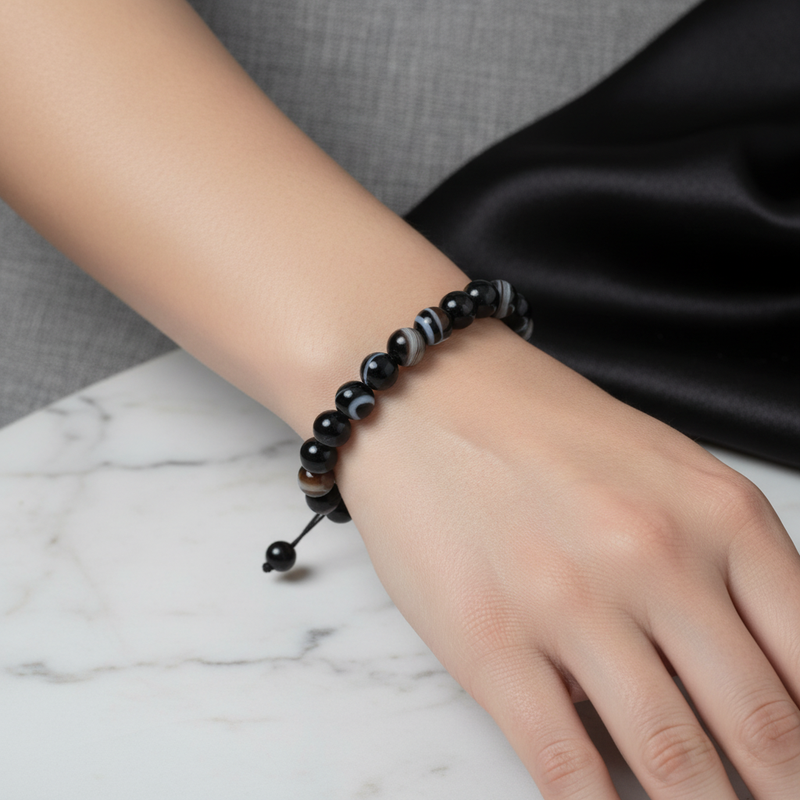 Siyah Göz Akik 8 mm Merdiven Kapama Doğal Taş Bileklik – El İşçiliği - Görsel 2 - Safnaturel