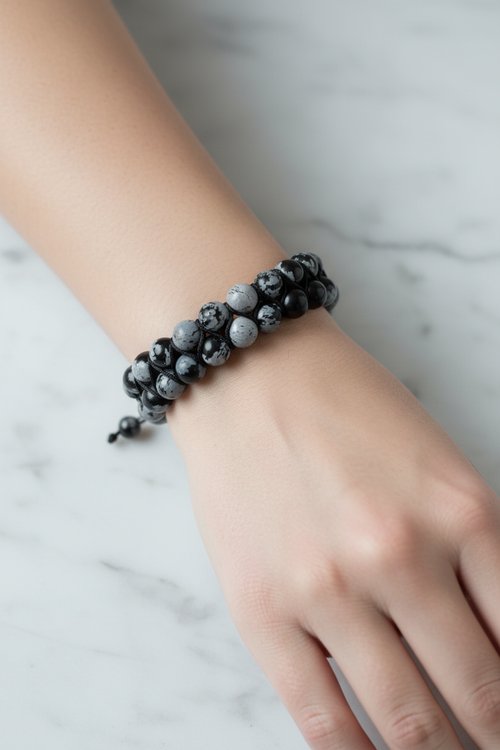 Karlı Obsidyen 8mm Çift Sıra Makrome Doğal Taş Bileklik