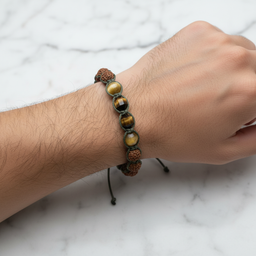 Kaplan Gözü ve Rudraksha Doğal Taş Bileklik – Unisex Şık Tasarım