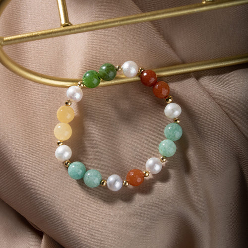İnci-Turuncu Aventurin-Amazonit-Yeşim-Kalsit Doğal Taş Gümüş Bileklik