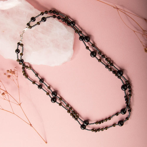 Siyah Turmalin-Obsidyen Doğal Taş Gümüş Kolye