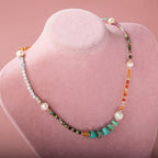 İnci-Amazonit-Turuncu Aventurin-Karnelyan Akik-Akuamarin-Renkli Turmalin-Krizopras Doğal Taş Kolye