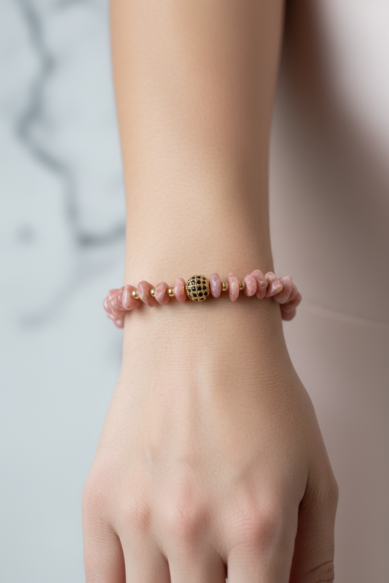 Rodokrosit Rondel Kesim ve Hematit Doğal Taş Bileklik – 6 mm Misinalı, Unisex Şık Tasarım - Görsel 1 - Safnaturel