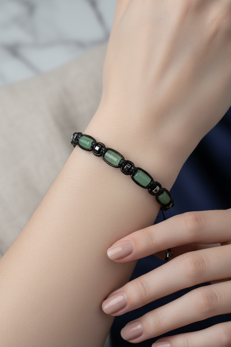 Yeşil Aventurin ve Hematit Doğal Taş Bileklik – İpli Köşeli Makrome Model, Unisex Tasarım - Görsel 1 - Safnaturel