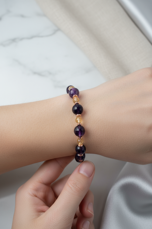 Ametist (10 mm Fasetli), Sitrin (6 mm) ve Hematit Doğal Taş Bileklik – Misinalı, Unisex Tasarım