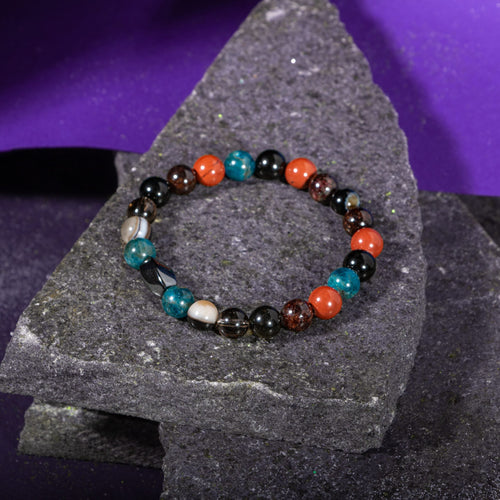 Başak Burcu Bileklik Bordo Granat Lal, Dumanlı Kuvars, Golden Obsidyen, Jasper, Mavi Apatit, Siyah Göz Akik