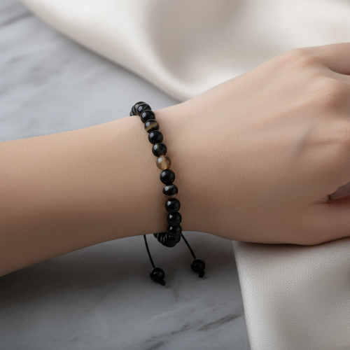 Siyah Göz Akik 6 mm Merdiven Kapama Doğal Taş Bileklik – El İşçiliği