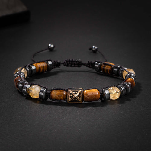 Kaplan Gözü-Sitrin-Hematit Doğal Taş Erkek Zirkon Bileklik