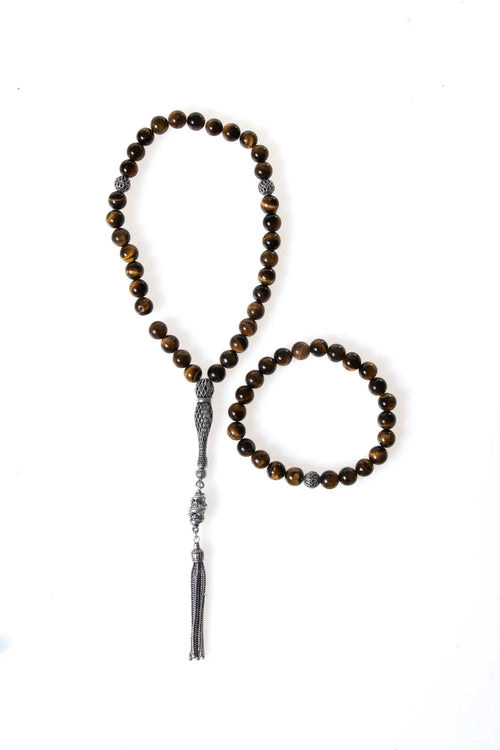 Sertifikalı Kaplan Gözü Doğaltaş 925 Ayar Gümüş 8 mm İmameli Tesbih & Bileklik Seti