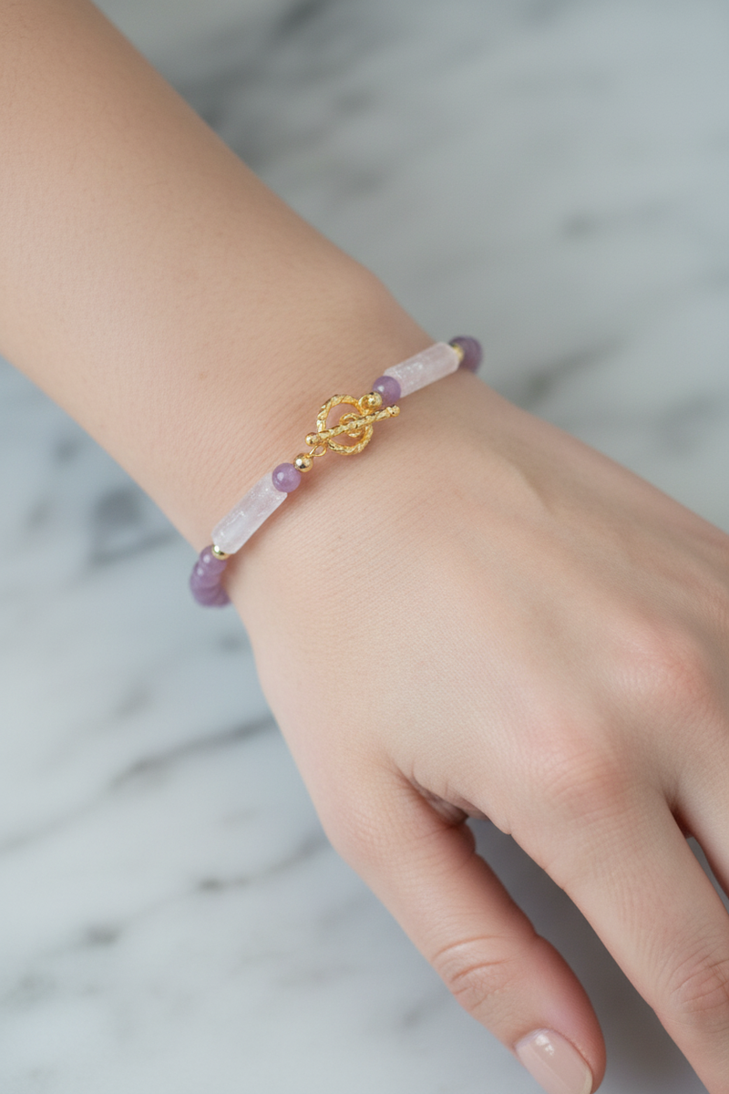 Yakut ve Pembe Kuvars Doğal Taş Bileklik – Altın Kaplama ve Gümüş Kapamalı, Unisex Şık Tasarım - Görsel 1 - Safnaturel