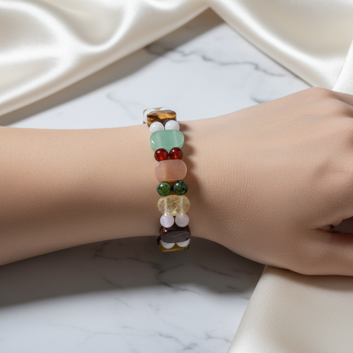 İkizler Burcu Doğal Taş Bileklik – Ay Taşı, Güneş Taşı, Kaplan Gözü, Pembe Kuvars, Sitrin, Aventurin & Yeşim