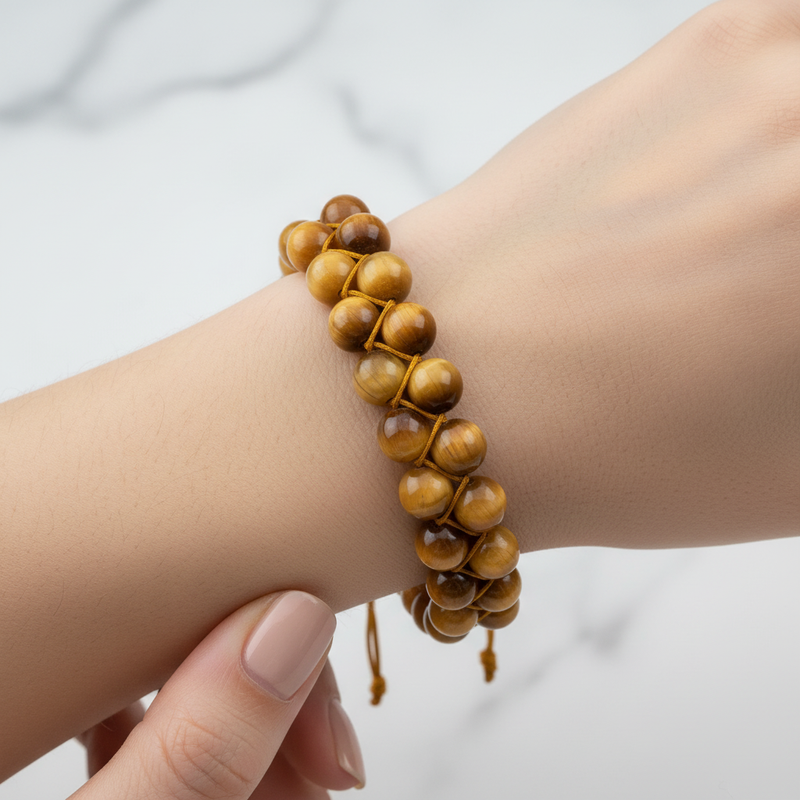 Sarı Kaplan Gözü 8mm Çift Sıra Makrome Doğal Taş Bileklik - Görsel 1 - Safnaturel