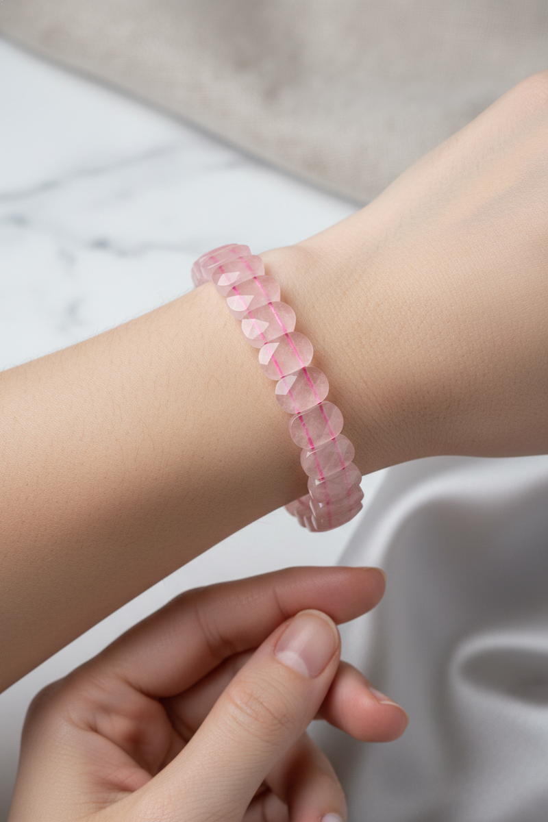 Pembe Kuvars (Gül Kuvars) Doğal Taş Geniş Kesim Bileklik - Görsel 2 - Safnaturel