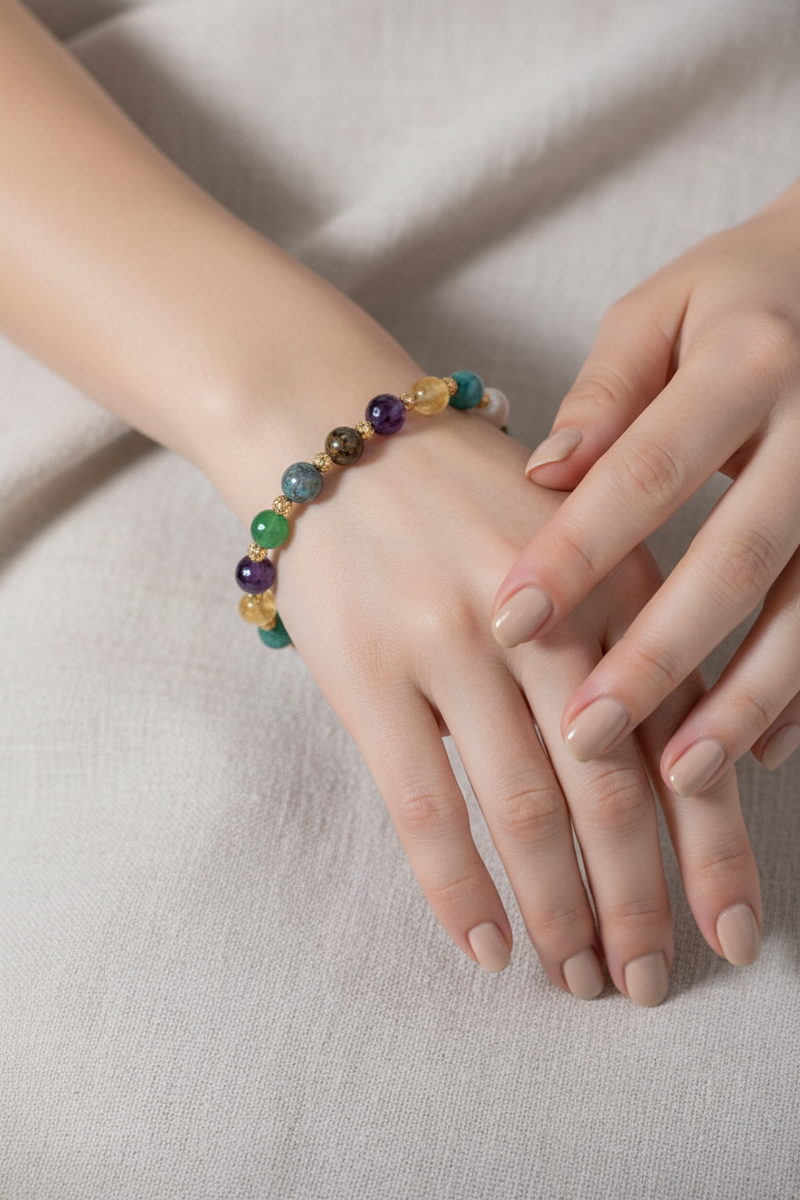 Ametist, Bronzit, İnci, Kehribar, Krizokol, Aventurin ve Labradorit Doğal Taş Bileklik – Unisex Şık Tasarım - Görsel 2 - Safnaturel
