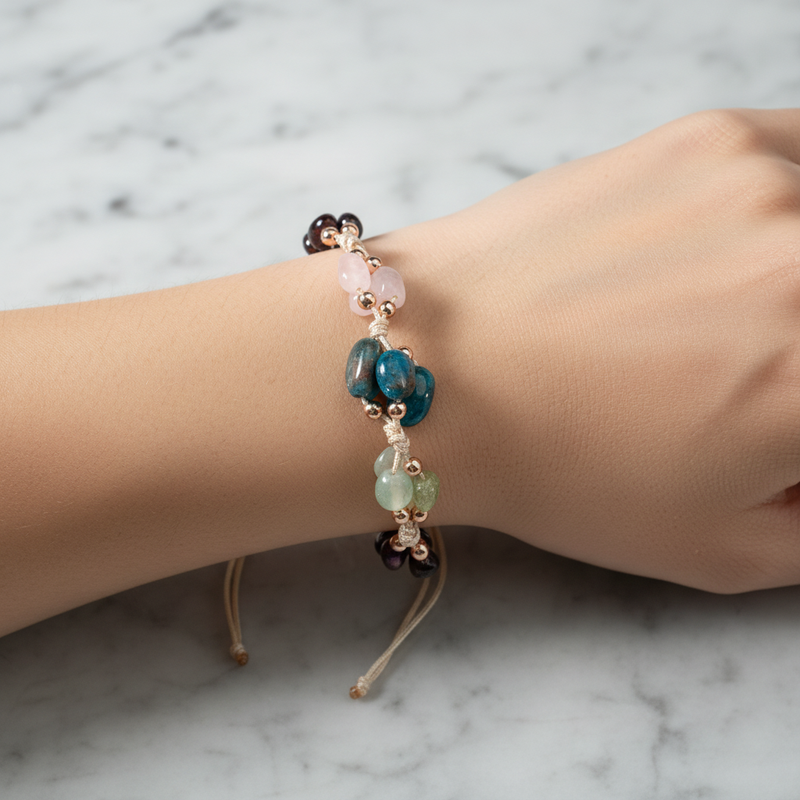 Başak Burcu Doğal Taş Makrome Bileklik – Ametist, Bordo Granat Lal, Jasper, Mavi Apatit, Pembe Kuvars, Yeşil Aventurin, Zebercet (Peridot) – Özel Tasarım - Görsel 1 - Safnaturel