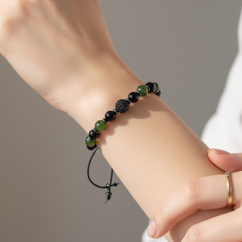 Yeşim, Obsidyen, Hematit Zirkon Aparat Doğal Taş Makrome Bileklik