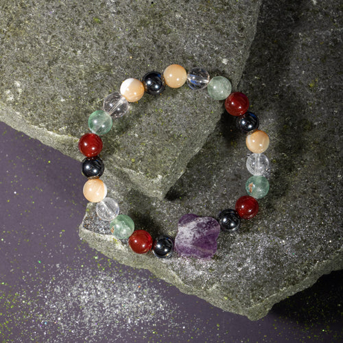 Kova Burcu Bileklik Ametist, Hematit, Kırmızı Akik, Kristal Kuvars, Sedef, Yeşil Florit