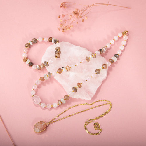 Güneş Taşı-Pembe Kuvars-Ay Taşı Doğal Taş Gümüş Kolye Bileklik Seti- 54cm